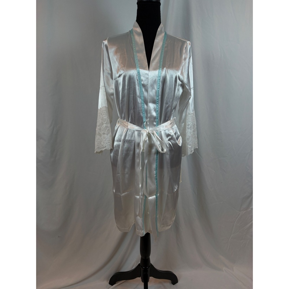 Linea Donatella Satin Robe Ivy Blue Ivory Lace Trim Wrap BDE033 Womens S/M